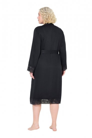 Ulla Popken 834837 Roupão quimono com renda Preto - Robes & roupões - 
