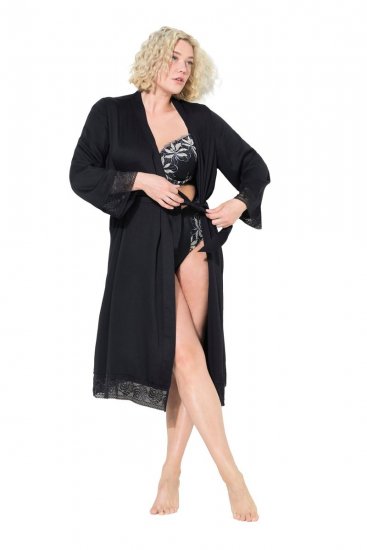 Ulla Popken 834837 Roupão quimono com renda Preto - Robes & roupões - 