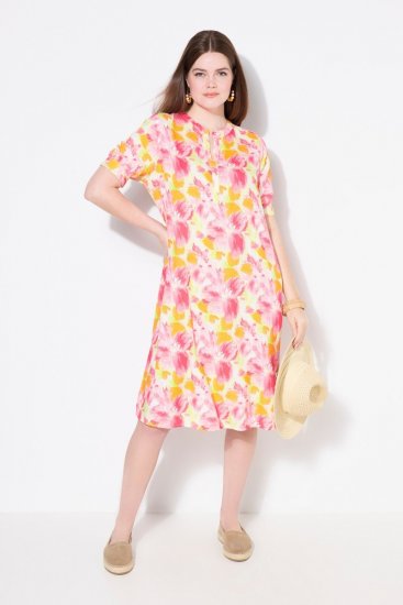 Ulla Popken 836739 Vestido de mistura de linho floral Branco - Vestidos de verão - Vestidos de verão plus size