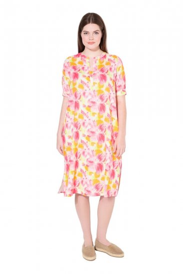 Ulla Popken 836739 Vestido de mistura de linho floral Branco - Vestidos de verão - Vestidos de verão plus size