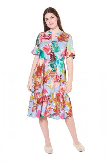 Ulla Popken 836746 Vestido midi floral com folhos Azul claro - Vestidos midi - Vestidos Midi Tamanhos Grandes