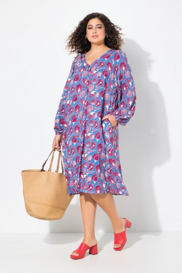 Ulla Popken 838839 Vestido camiseiro estampado Petróleo - Vestidos midi - Vestidos Midi Tamanhos Grandes