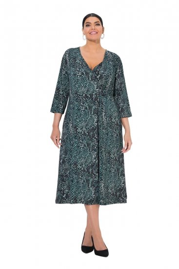 Ulla Popken 841839 Vestido de jersey com padrão animal e manga 3/4 Verde escuro - Vestidos midi - Vestidos Midi Tamanhos Grandes