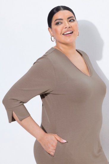 Ulla Popken 841952 Vestido de sweat com decote em V Castanho claro - Vestidos - Vestidos para todos os tamanhos