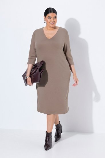 Ulla Popken 841952 Vestido de sweat com decote em V Castanho claro - Vestidos - Vestidos para todos os tamanhos