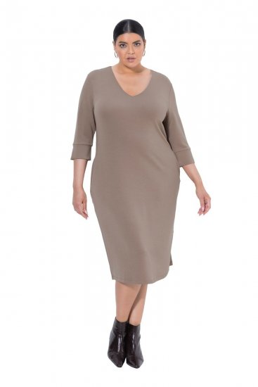 Ulla Popken 841952 Vestido de sweat com decote em V Castanho claro - Vestidos - Vestidos para todos os tamanhos