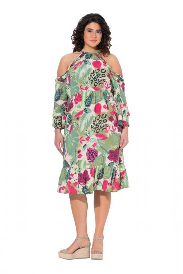 Ulla Popken 842471 Vestido evasê com manga 3/4 Champanhe - Vestidos - Vestidos para todos os tamanhos