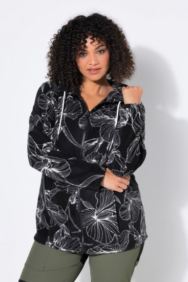 Ulla Popken 842758 Casaco polar floral com capuz Preto - Roupa polar - 