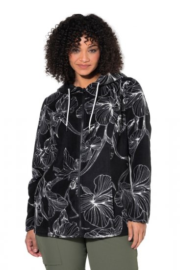 Ulla Popken 842758 Casaco polar floral com capuz Preto - Roupa polar - 