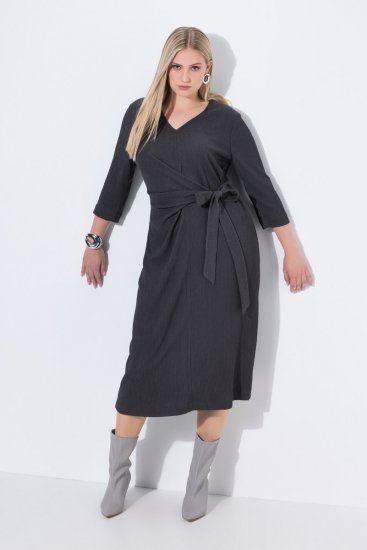 Ulla Popken 843595 Vestido traçado com manga 3/4 Cinzento mesclado - Vestidos midi - Vestidos Midi Tamanhos Grandes