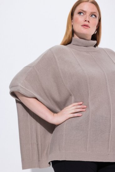 Ulla Popken 844996 Poncho canelado de merino com gola alta Castanho claro - Ponchos e capas - 