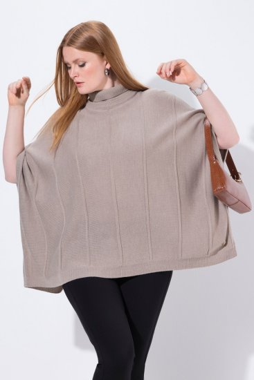 Ulla Popken 844996 Poncho canelado de merino com gola alta Castanho claro - Ponchos e capas - 