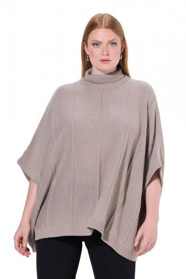 Ulla Popken 844996 Poncho canelado de merino com gola alta Castanho claro - Ponchos e capas - 