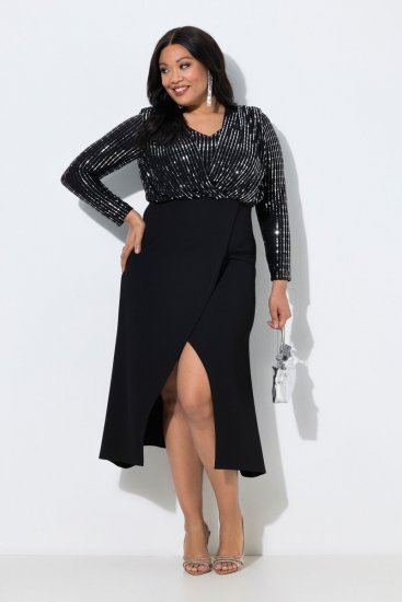 Ulla Popken 845151 Vestido às riscas com decote em V Preto - Vestidos de noite - Vestidos de festa em tamanhos grandes