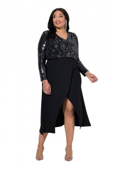 Ulla Popken 845151 Vestido às riscas com decote em V Preto - Vestidos de noite - Vestidos de festa em tamanhos grandes