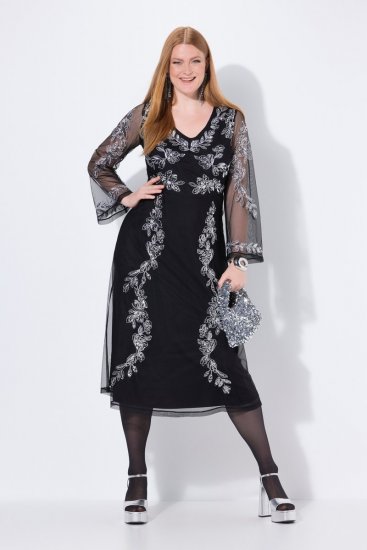 Ulla Popken 845366 Vestido de noite com decote em V Preto - Vestidos de noite - Vestidos de festa em tamanhos grandes