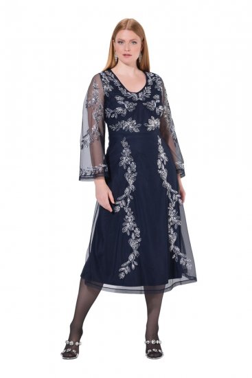 Ulla Popken 845366 Vestido de lantejoulas floral Azul-marinho - Vestidos de noite - Vestidos de festa em tamanhos grandes