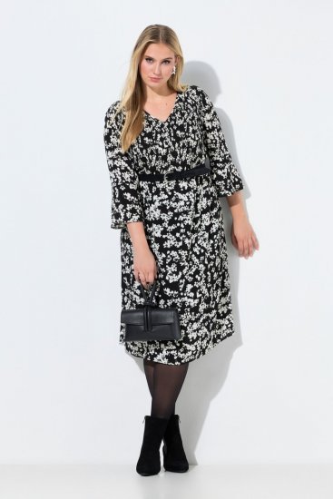 Ulla Popken 845825 Vestido midi floral com manga 3/4 Preto - Vestidos midi - Vestidos Midi Tamanhos Grandes