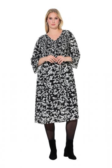 Ulla Popken 845825 Vestido midi floral com manga 3/4 Preto - Vestidos midi - Vestidos Midi Tamanhos Grandes