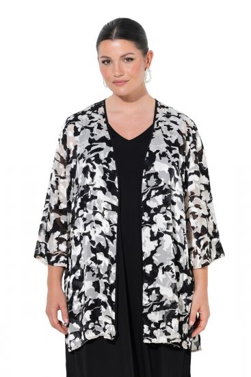 Ulla Popken 847060 Casaco aberto em chiffon devorê Preto - Jaquetas - Casacos plus size para mulher