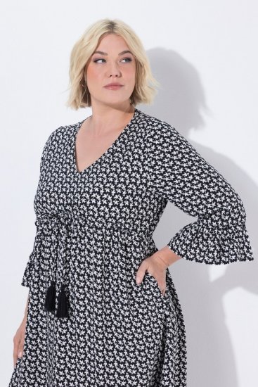 Ulla Popken 847798 Vestido midi evasê com decote em V Preto - Vestidos midi - Vestidos Midi Tamanhos Grandes
