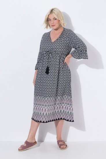 Ulla Popken 847798 Vestido midi evasê com decote em V Preto - Vestidos midi - Vestidos Midi Tamanhos Grandes