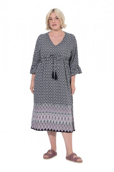 Ulla Popken 847798 Vestido midi evasê com decote em V Preto - Vestidos midi - Vestidos Midi Tamanhos Grandes