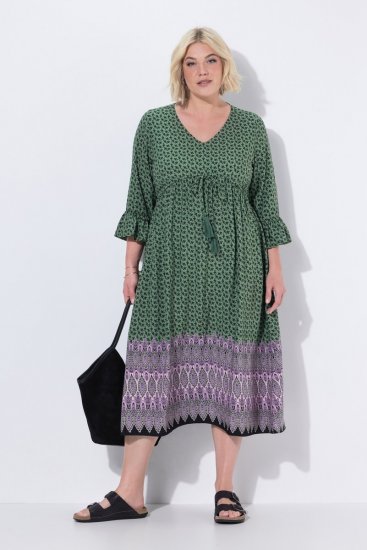 Ulla Popken 847798 Vestido midi evasê com decote em V Verde escuro - Vestidos midi - Vestidos Midi Tamanhos Grandes