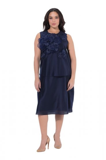 Ulla Popken 847918 Vestido de chiffon floral Azul-marinho - Vestidos midi - Vestidos Midi Tamanhos Grandes