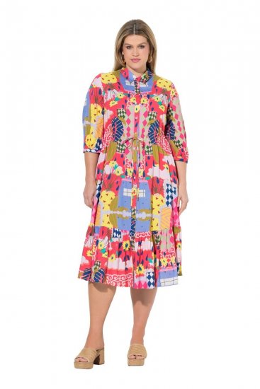 Ulla Popken 848015 Vestido midi estampado com cordão Rosa - Vestidos midi - Vestidos Midi Tamanhos Grandes