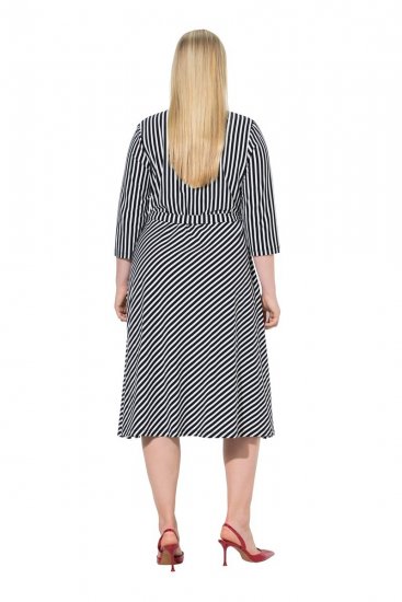 Ulla Popken 848052 Vestido midi às riscas com cinto para atar Preto - Vestidos midi - Vestidos Midi Tamanhos Grandes
