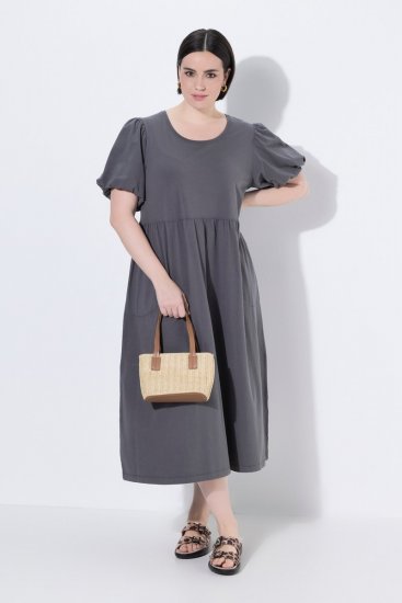 Ulla Popken 848575 Vestido comprido de manga curta com bolsos Antracite - Vestidos maxi - Vestidos maxi plus size para mulher