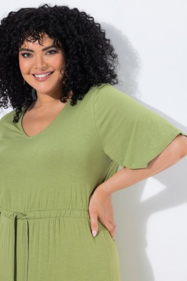 Ulla Popken 848829 Vestido midi de manga curta com cordão Verde claro - Vestidos midi - Vestidos Midi Tamanhos Grandes