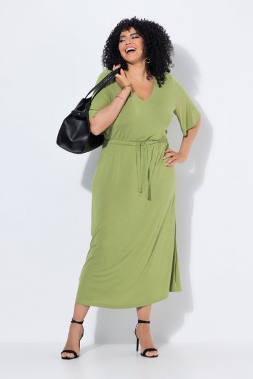 Ulla Popken 848829 Vestido midi de manga curta com cordão Verde claro - Vestidos midi - Vestidos Midi Tamanhos Grandes