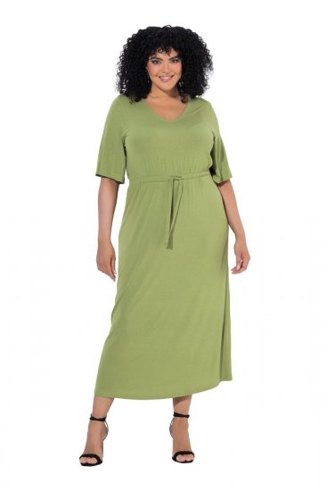 Ulla Popken 848829 Vestido midi de manga curta com cordão Verde claro - Vestidos midi - Vestidos Midi Tamanhos Grandes