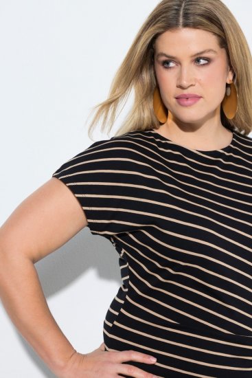 Ulla Popken 848921 Vestido de jersey às riscas com cinto para atar Preto - Vestidos maxi - Vestidos maxi plus size para mulher