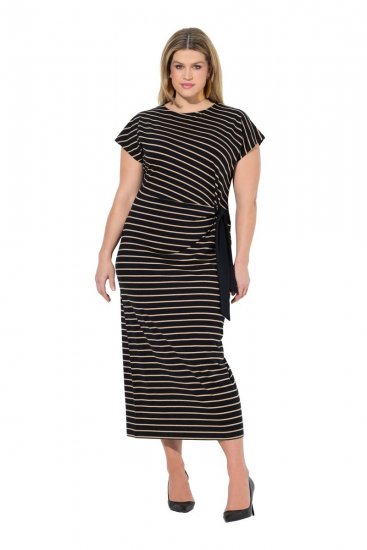 Ulla Popken 848921 Vestido de jersey às riscas com cinto para atar Preto - Vestidos maxi - Vestidos maxi plus size para mulher