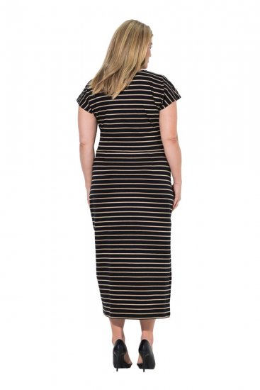 Ulla Popken 848921 Vestido de jersey às riscas com cinto para atar Preto - Vestidos maxi - Vestidos maxi plus size para mulher