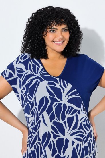 Ulla Popken 849033 Vestido de chiffon de manga curta com decote em V Azul-marinho - Vestidos - Vestidos para todos os tamanhos