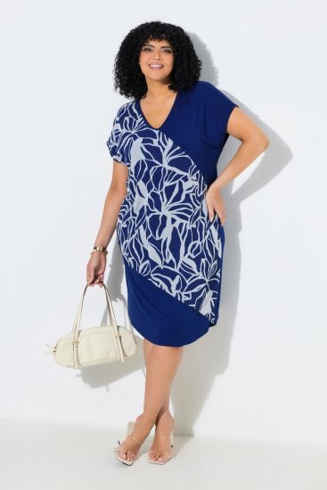Ulla Popken 849033 Vestido de chiffon de manga curta com decote em V Azul-marinho - Vestidos - Vestidos para todos os tamanhos