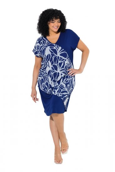 Ulla Popken 849033 Vestido de chiffon de manga curta com decote em V Azul-marinho - Vestidos - Vestidos para todos os tamanhos
