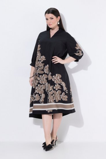 Ulla Popken 849423 Vestido floral com manga 3/4 Preto - Vestidos maxi - Vestidos maxi plus size para mulher