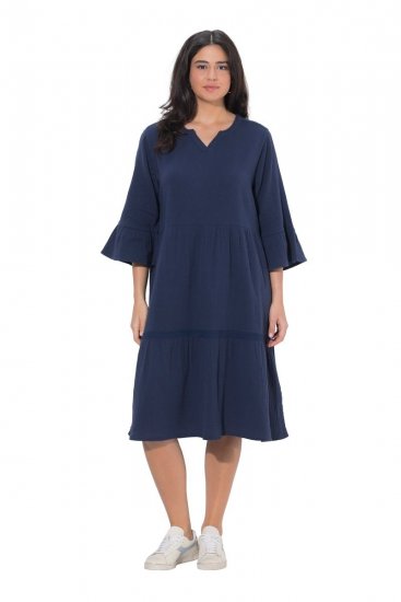 Ulla Popken 849856 Vestido com folhos Azul-marinho - Vestidos midi - Vestidos Midi Tamanhos Grandes