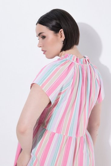 Ulla Popken 849969 Vestido midi às riscas com folhos Rosa - Vestidos midi - Vestidos Midi Tamanhos Grandes