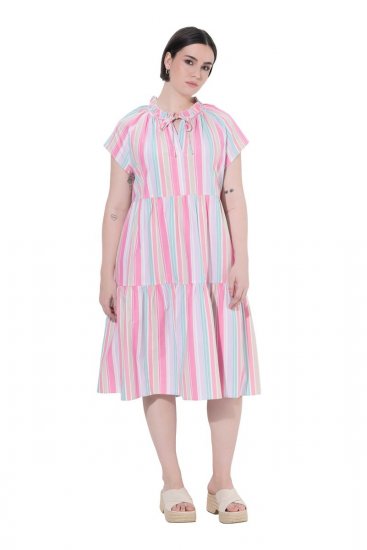 Ulla Popken 849969 Vestido midi às riscas com folhos Rosa - Vestidos midi - Vestidos Midi Tamanhos Grandes
