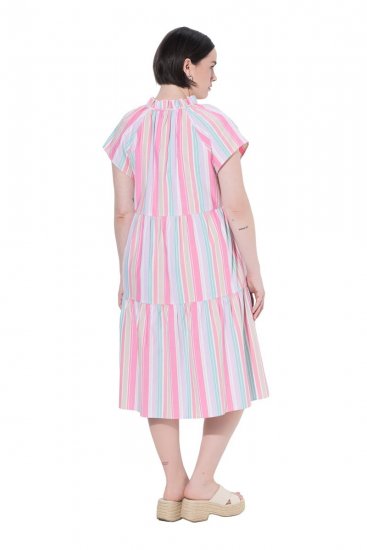 Ulla Popken 849969 Vestido midi às riscas com folhos Rosa - Vestidos midi - Vestidos Midi Tamanhos Grandes