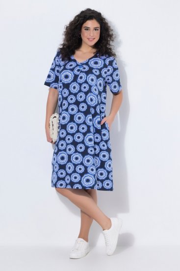 Ulla Popken 850121 Vestido de jersey de manga curta com decote em V Azul - Vestidos em jersey - 
