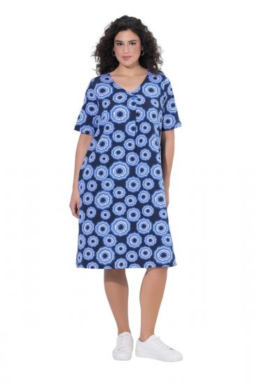 Ulla Popken 850121 Vestido de jersey de manga curta com decote em V Azul - Vestidos em jersey - 