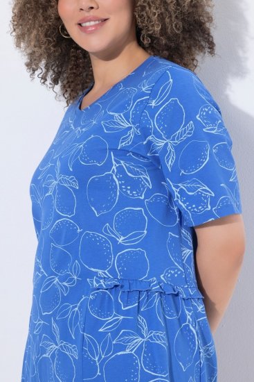 Ulla Popken 850204 Vestido t-shirt estampado com folhos Azul - Vestidos em jersey - 