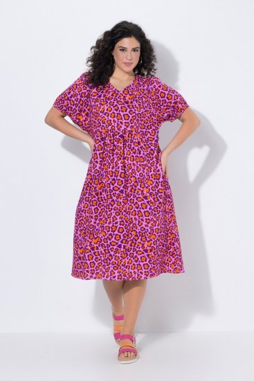 Ulla Popken 850346 Vestido estampado com decote em V Rosa - Vestidos midi - Vestidos Midi Tamanhos Grandes